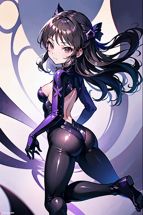 highest quality　Highest quality　draw the face carefully　Anime style high quality face　super shiny skin　black full body suit　purple pantyhose　Succubus　lure　smile　Rear view　Back view