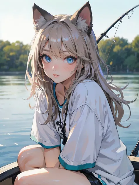 high quality,hd,16k,sharp line,1girl,fantasy,fem
ale cat ears,cat tail,go fishing,beautiful hair ,cute face, large breasts ,nice legs,,focus girl,detailed beautiful face,detailed clothes,beautiful eyes,sexy,dynamic angle