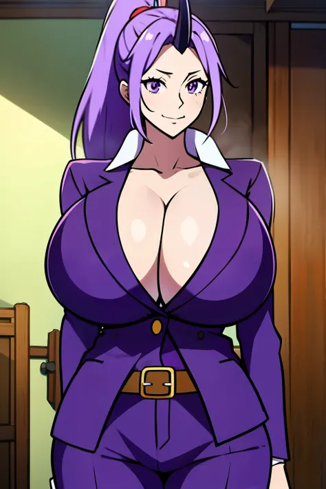 An anime-style artwork depicting shion from the anime tensei shittara slime datta.

Tags: shion, anime, detailed eyes, detailed lips, belt, belt buckle, black belt, buckle, cleavage, collarbone, jacket, long sleeves, office lady, pants, purple jacket, purp...