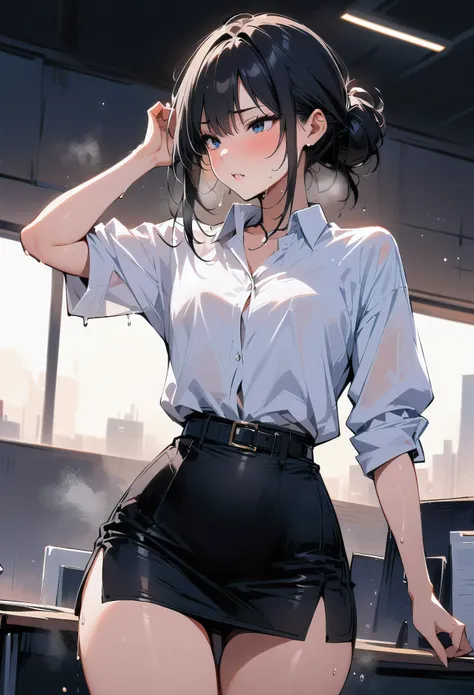 (masterpiece, best quality:1.2), 1 girl, alone , sexy , (office_black_skirt), (white_oxford_shirts:1.2),(office look female) ,cowboy shot, black hair ,hair bun, (Sweat),  (office_background)  