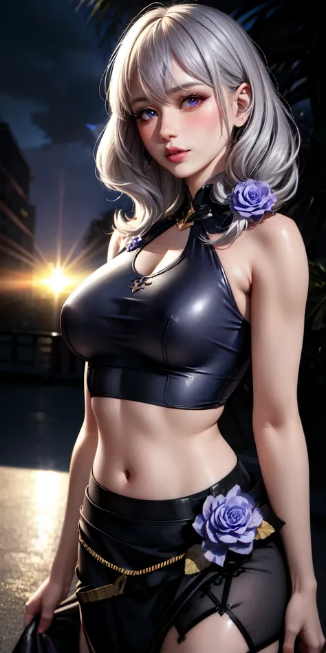 Realistic, One girl, Gray Hair, Purple eyes, Shining Eyes, Crop top, skirt, Lips parted, blush, night, Flowers, sun, sunlight,