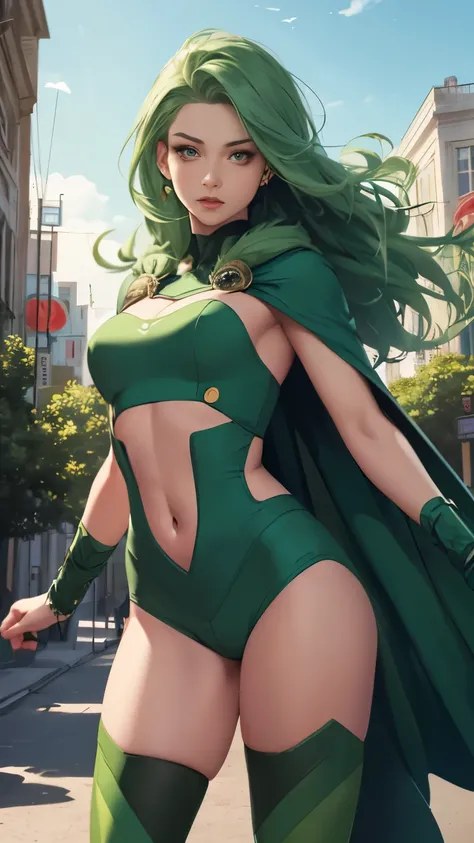 (Highly quality, masterpiece, detailed), city detailed scenario, city detailed background, 20 years old girl, solo, Polaris, green hair, bodysuit, cape, helmet, green crop top, thigh highs, navel, perfect face, beautiful eyes, looking at the viewer, Sexy p...