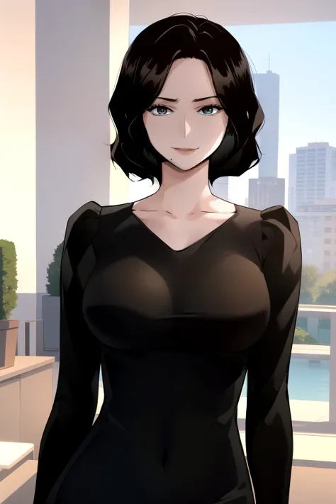 masterpiece, best quality, perfect anatomy, beautiful background, beautiful face, beautiful eyes, beautiful body, upper body, shinjiye, 1girl, solo, looking at viewer, smiling, short hair, large breasts, black hair, sitting, collarbone, upper body, mole, l...