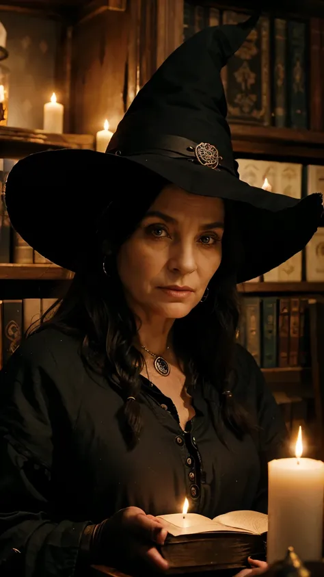 An ancient witch with a piercing gaze and deep wrinkles, surrounded by shelves filled with magic books in a room illuminated by flickering candles