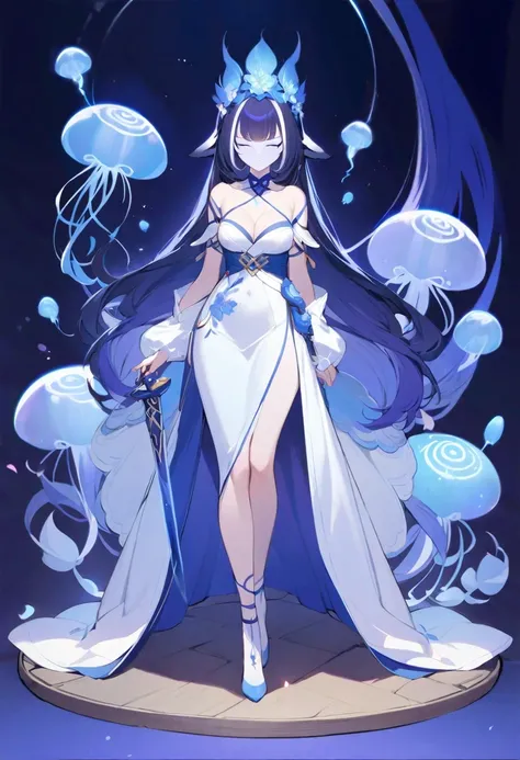 ((shylily/(Twich/))),(masterpiece:1.2),(best quality:1.2),, (1girl:1.3),There is a woman in a dress, holding a sword, white cloth blindfolded, full body fairy, Asian female water element, beautiful whole body concept art, Xie Sun, jellyfish priestess, Shen...