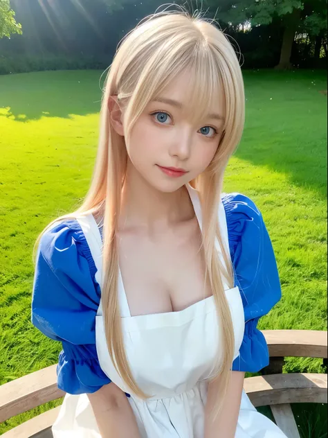 Portrait、Alice in Wonderland、blue sky、Bright and very beautiful face、Younger, brighter, whiter skin、Best Looks、The most beautiful light blonde hair in the world、Thin Hair、Super long, silky straight hair、Shiny beautiful bangs、Shining, clear, big blue eyes、A...