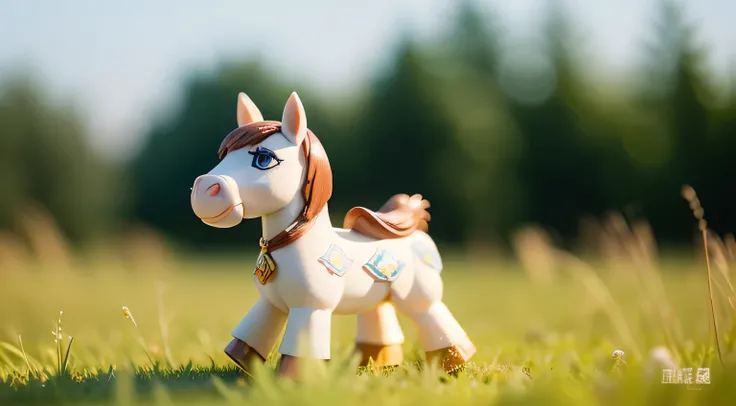 there is a toy horse that is standing in the grass, horse, pony, toy photos, riding horse, ride horse, 3 d littlest pet shop horse, anthropomorphic horse, horse in background, toy photosgraphy, Anthropomorphic mother horse, High Detail!, pony facing away, ...