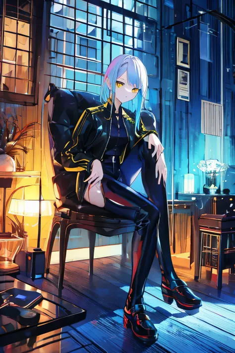 
Towa is a beautiful girl, she is a professional model, she has blue hair and yellow eyes, she is wearing a black leather jacket, black cloth pants, she is sitting on a wooden chair very elegantly.