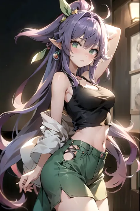 Towa is a beautiful anime girl with long purple hair and green eyes wearing a very cute tank top