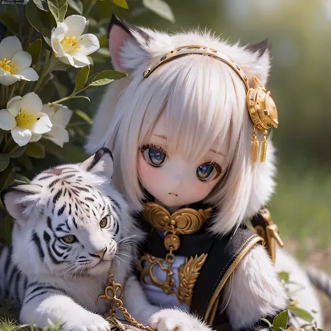 highest quality,4K,8k,High resolution,masterpiece:1.2,Very detailed,Realistic:1.37,Portraiture,Pencil sketch,Black and White,Soft lighting,White Tiger Girls,small garden,Peaceful landscape,Beautiful fine details,beautiful lip detail,Long eyelashes,2 girls,...