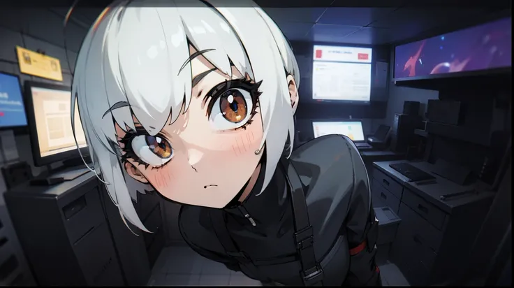 Man,attractive, white hair,((short-hair:1.2)) close face view, ultra wide view, background studio room full of music equipments for composting songs, ((cyberpunk style:0.9)), (UTRA-DETAILED-FACE-EYES:1),(CINEMATIC:1),(HIGH-RES:1.2),(AMAZING-ART:1), wearing...