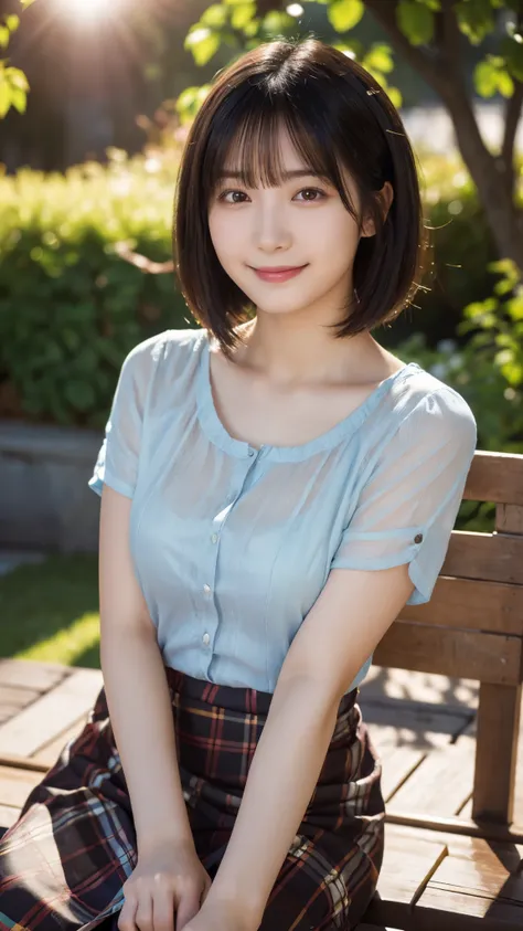 (highest quality,masterpiece:1.3,Ultra-high resolution),(Super detailed,Caustics,8k),(Photorealistic:1.4,RAW shooting),(Girl sitting on deck chair),18-year-old,cute,Japanese,Short black hair,(Looking up at the camera),(blouse),Big ,(smile),(Intense sunligh...