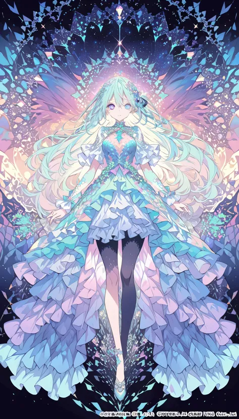 (Absurd、High resolution、Super detailed)、One girl、Highly detailed eyes、(Official Art, beauty and aesthetics: 1.2)、(Fractal Art: 1.3)、Pastel color scheme、Most detailed、Chiffon frill flare dress、