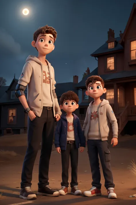 a girl, two boys and a robot in front of a horror house