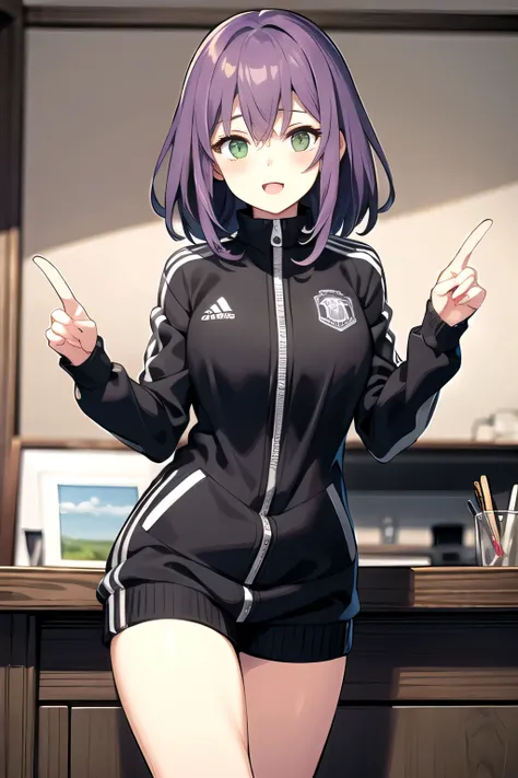 
Towa is a beautiful girl, she is a professional model, she has purple hair and green eyes, she wears a tracksuit