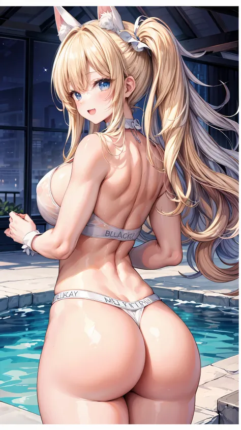 Super detailed、highest quality、Best image quality、masterpiece、8K、Anime Face、A kind smile、Open Mouth、Sparkling Blue Eyes、(Long blonde curly hair:1.3)、Cat ears grow、Wearing a frilly headband、(SFW huge body)、(((Rear view)))、Cowboy Shot、(Wearing a white thong:...