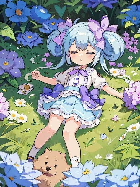 highest quality,Very detailed,masterpiece,White shirt, Pink mini skirt, Frills, Flat Chest, Long Hair, blue eyes, Double good, Purple ribbon, Blue Hair, Twin tails, Hair between the eyes, hair bow, Eyebrows visible through hair,Flower Field,Spread your han...