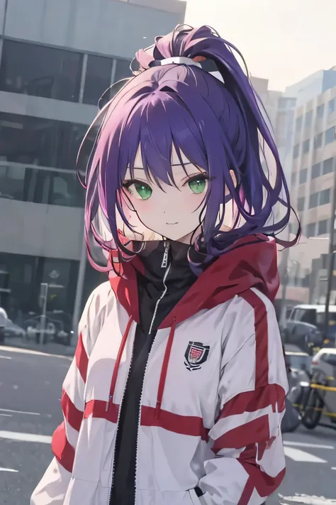 
Towa is a beautiful girl, she is a professional model, she has purple hair and green eyes, she wears a tracksuit