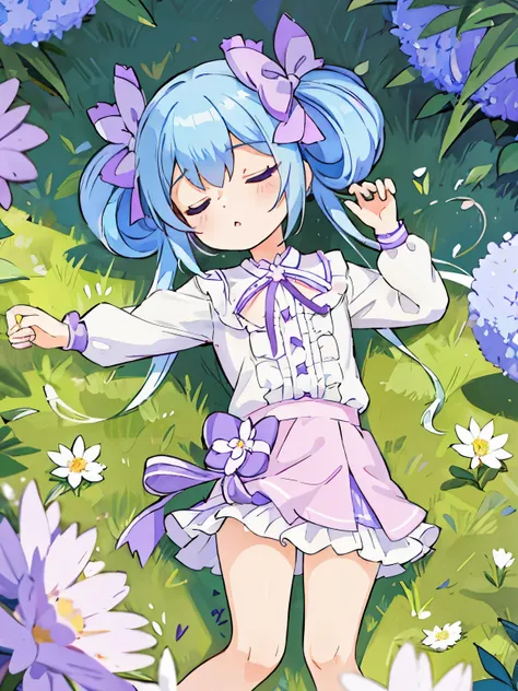 highest quality,Very detailed,masterpiece,White shirt, Pink mini skirt, Frills, Flat Chest, Long Hair, blue eyes, Double good, Purple ribbon, Blue Hair, Twin tails, Hair between the eyes, hair bow, Eyebrows visible through hair,Flower Field,Spread your han...