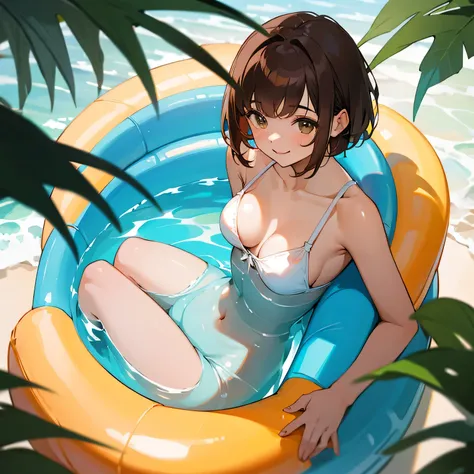 girl、brown hair、short hair、Swimwear、Resort、weekend、Sit on a big float、drinking juice、smile、horizontal line