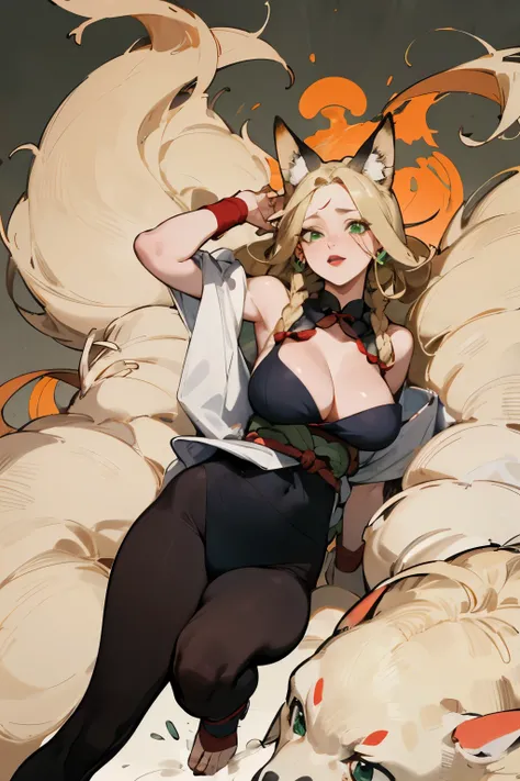 solitary,  (Fox ears), Exquisite eyes, blond hair，Facial details, Green Eyes, Red Eyeshadow, lips are red,  Fake laugh, Ukiyo-e, masterpiece, high quality, Large Breasts，Black tights，High heel，Exposing thighs，leaking breasts