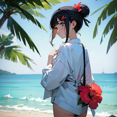 girl、Black Hair、Bun Hair、Swimwear、Resort、weekend、Palm tree、horizontal line、One hibiscus hair ornament