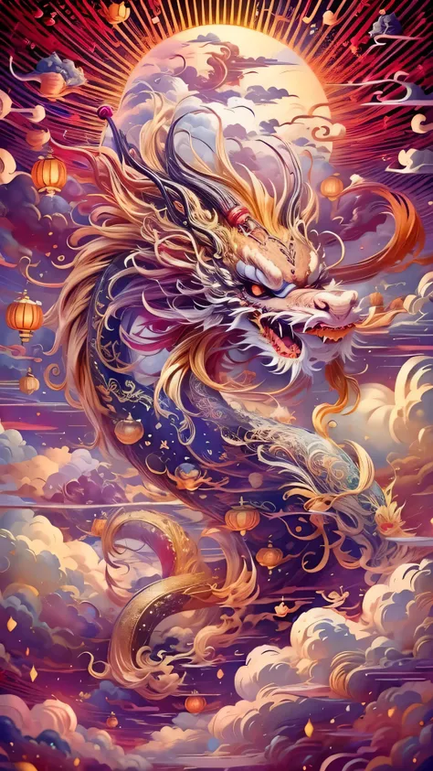 cute chinese dragon surrounded by clouds, fireworks background，chinese new year decorations（（（masterpiece）））， （（highest quality）...