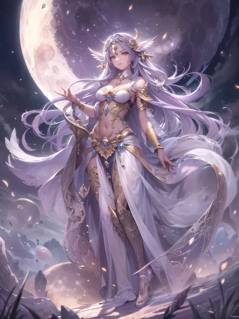 ((highest quality)),(Ultra-high resolution),(Very detailed),(Detailed Description),((The best CG)),(A masterpiece),Ultra-precise art,amazing drawing art,(Fantasy art with intricate detail:1.5), A ruined world:1.4、(goddess of the moon:1.7), justice,courage,