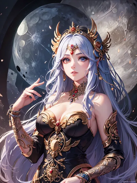 ((highest quality)),(Ultra-high resolution),(Very detailed),(Detailed Description),((The best CG)),(A masterpiece),Ultra-precise art,amazing drawing art,(Fantasy art with intricate detail:1.5), A ruined world:1.4、(goddess of the moon:1.7), justice,courage,