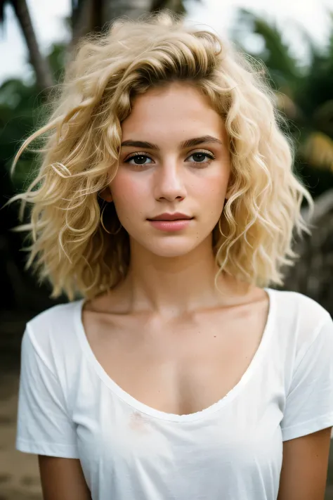 Women&#39;s photos, （A slightly smiling face), Rough skin, It gives me goosebumps, Blonde afro hair, White t-shirt and distressed boyfriend jeans, Cowboy Shot, Caribbean coast, Perfect Eyes, (Chiaroscuro), 160 color holder, ARRI ALEXA 65でphotograph, Bokeh,...