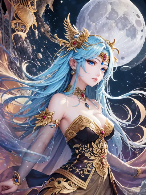 ((highest quality)),(Ultra-high resolution),(Very detailed),(Detailed Description),((The best CG)),(A masterpiece),Ultra-precise art,amazing drawing art,(Fantasy art with intricate detail:1.5), A ruined world:1.4、(goddess of the moon:1.7), justice,courage,