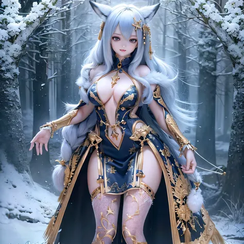 (best quality, highres, realistic:1.37),ultra-detailed, beautiful detailed eyes,beautiful detailed lips,extremely detailed eyes and face,longeyelashes,1girl,portrait,sharp focus,vivid colors,soft lighting,Fenrir girls,big breasts,fantasy elements,snowy lan...