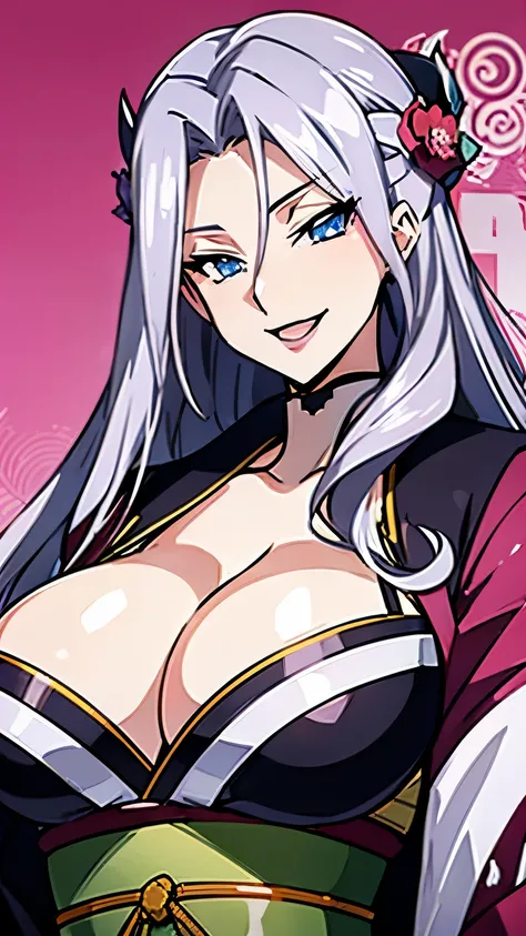 huge ,  smile, busty, kimono, cleavage, silver hair, blue eyes, long hair, milf, upperbody, 