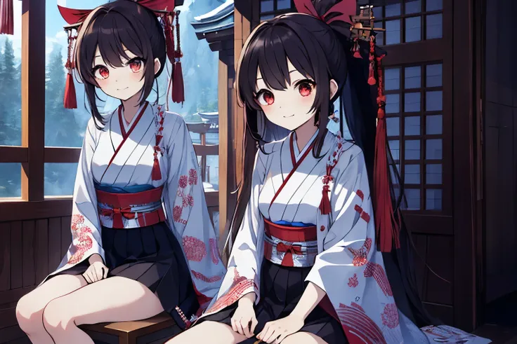 Sisters, Whistle、Shrine maiden、Traditional Dance,Red ribbon, avert your eyes,Sit down,Embarrassing,Blushing,nsfw