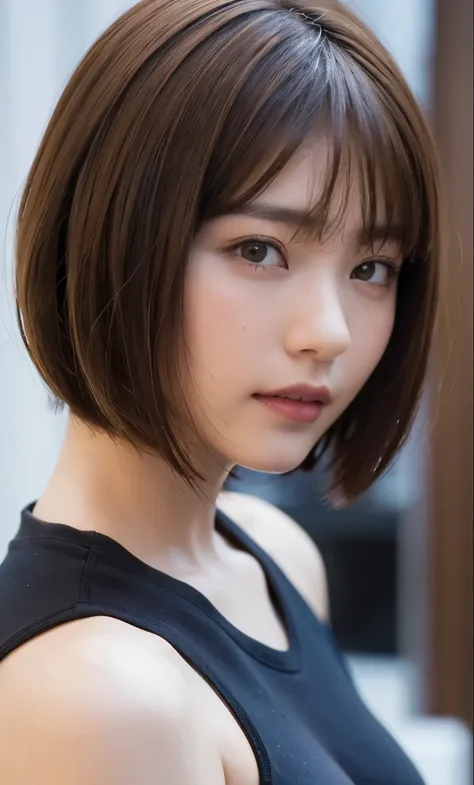 ((small breasts:1.5))、((close-up of face:1.6))、((brown short bob cut:1.7))、feminine cute underwear woman, blue led light, cute u...