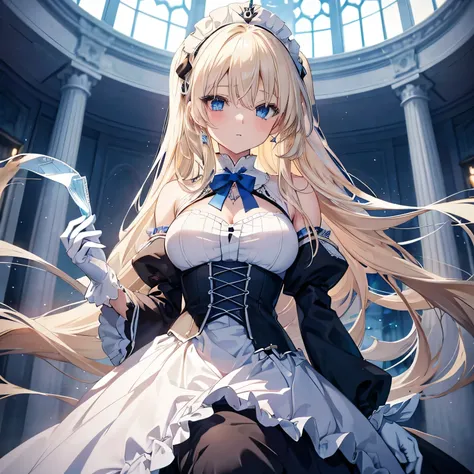 Anime girl with long blonde hair and blue eyes, elegantly dressed in a pristine white gown, named . Fate-like anime style permeates her enchanting aura. Adorned in Anime Moe Art Style, she embodies ethereal beauty.

A gothic maiden anime girl dons maid clo...