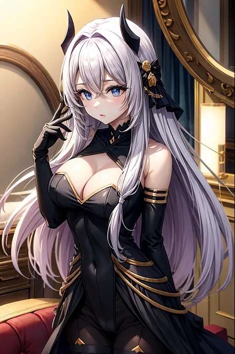 victoria
horns, tiara, veil, black bodysuit, shoulder armor, long sleeves, cleavage cutout, black gloves, black overskirt, black pants