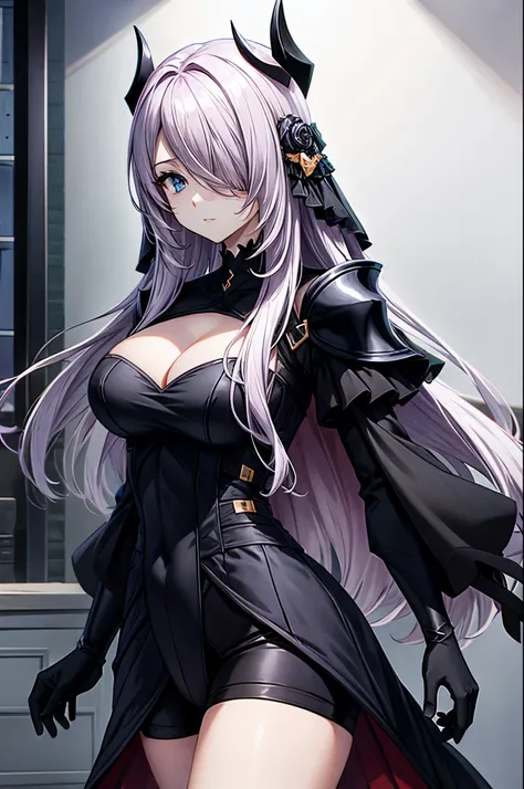 victoria
horns, tiara, veil, black bodysuit, shoulder armor, long sleeves, cleavage cutout, black gloves, black overskirt, black pants