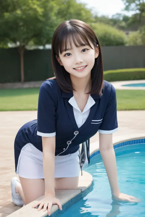 2 girls, ((uniform)), light smile, sitting, outdoor, pool,