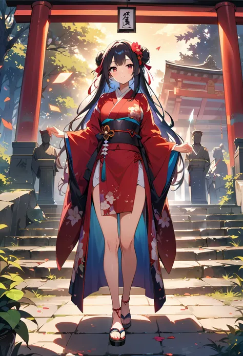 masterpiece，best quality，A girl，黑色kimono，White，Ribbon，Colored hair，樱flower，sky，flower，Hair Bun，Headband，Japanese clothes，kimono，Long hair，Looking at the audience，outdoor，Red Eyes，Ribbon，sandals，单Hair Bun、stairs，Standing，statue，Torii，Tree，