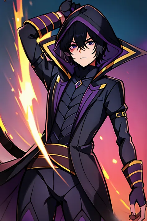 1 boy, black hair, wearing a black slime tunic, lilac eyes, at night, posing for a confrontation