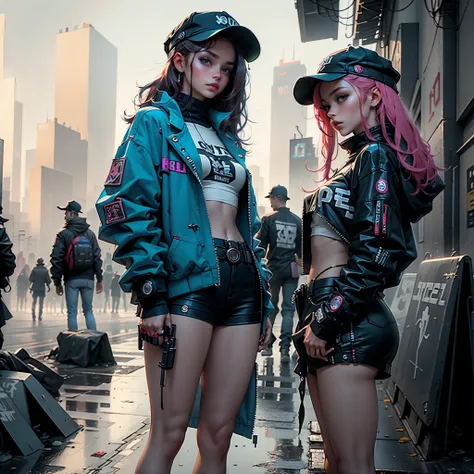 Beautiful woman medium hair, wearing cap, roupas curtas estilo cyberpunk