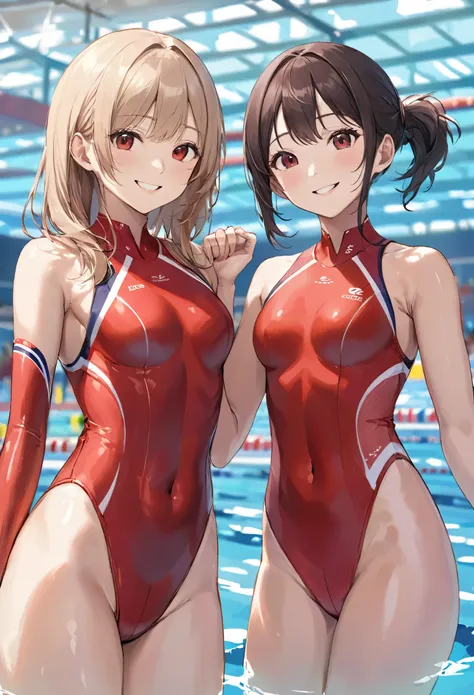 masterpiece、highest quality、High resolution、Two realistic girls、Competitive swimmer、Close-up of a person、Wearing a red bodysuit、During Competitive swimmerics competitions、smile、Swimming Venues、sexy competitive swimwear