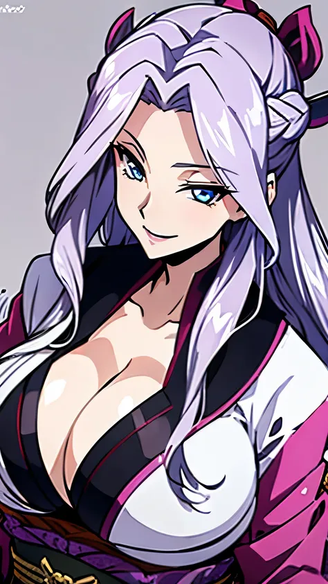 huge ,  smile, busty, kimono, cleavage, silver hair, blue eyes, long hair, milf, upperbody, 