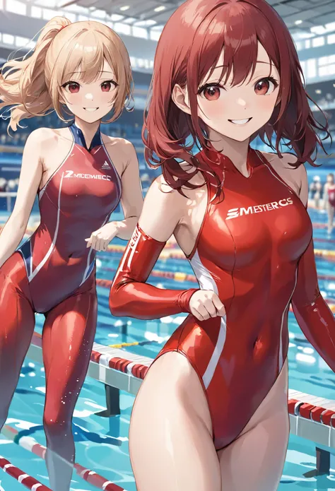 masterpiece、highest quality、High resolution、Two realistic girls、Competitive swimmer、Close-up of a person、Wearing a red bodysuit、During Competitive swimmerics competitions、smile、Swimming Venues、sexy competitive swimwear