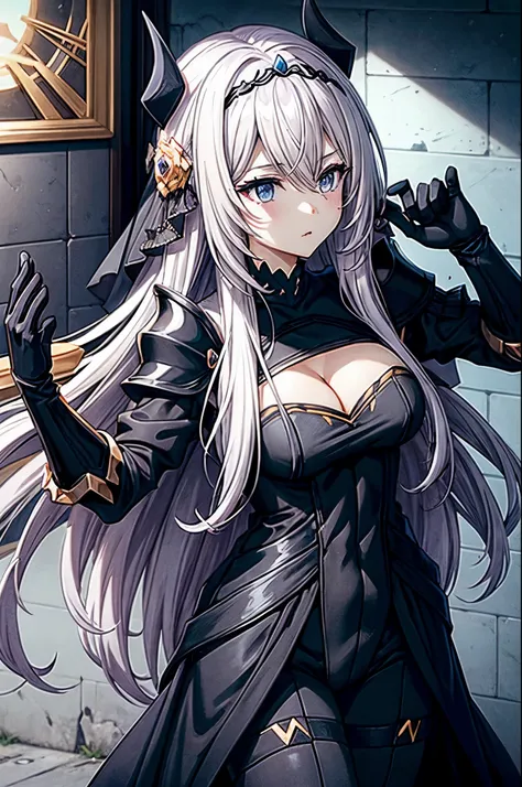 victoria
horns, tiara, veil, black bodysuit, shoulder armor, long sleeves, cleavage cutout, black gloves, black overskirt, black pants