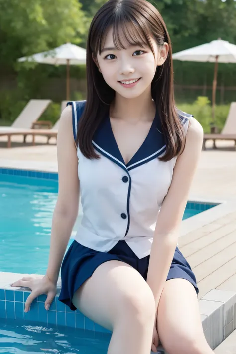 2 girls, ((uniform)), light smile, sitting, outdoor, pool,