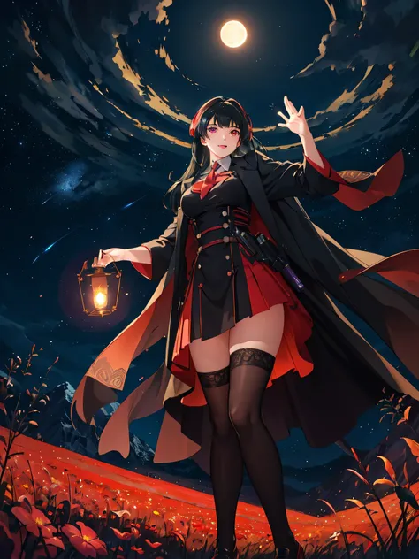 Kakegurui, expansive landscape photograph , (a view from below that shows sky above and open field below), a girl standing on flower field looking up, (full moon:1.2), ( shooting stars:0.9), (nebula:1.3), distant mountain, tree BREAK
production art, (warm ...