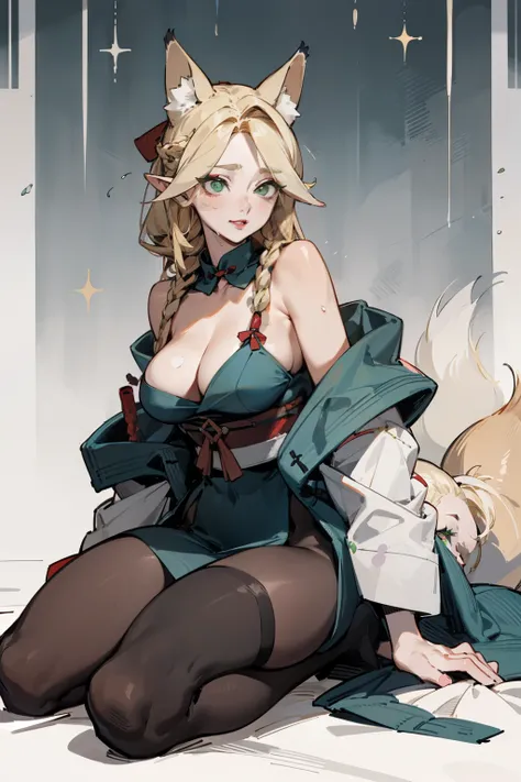 solitary, (Fox ears), Exquisite eyes, blond hair，Facial details, Green Eyes, Red Eyeshadow, lips are red, Fake laugh, Ukiyo-e, masterpiece, high quality, Large Breasts，Black tights，High heel，Exposing thighs，leaking breasts