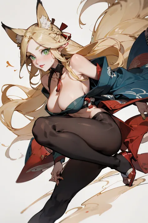 solitary, (Fox ears), Exquisite eyes, blond hair，Facial details, Green Eyes, Red Eyeshadow, lips are red, Fake laugh, Ukiyo-e, masterpiece, high quality, Large Breasts，Black tights，High heel，Exposing thighs，leaking breasts